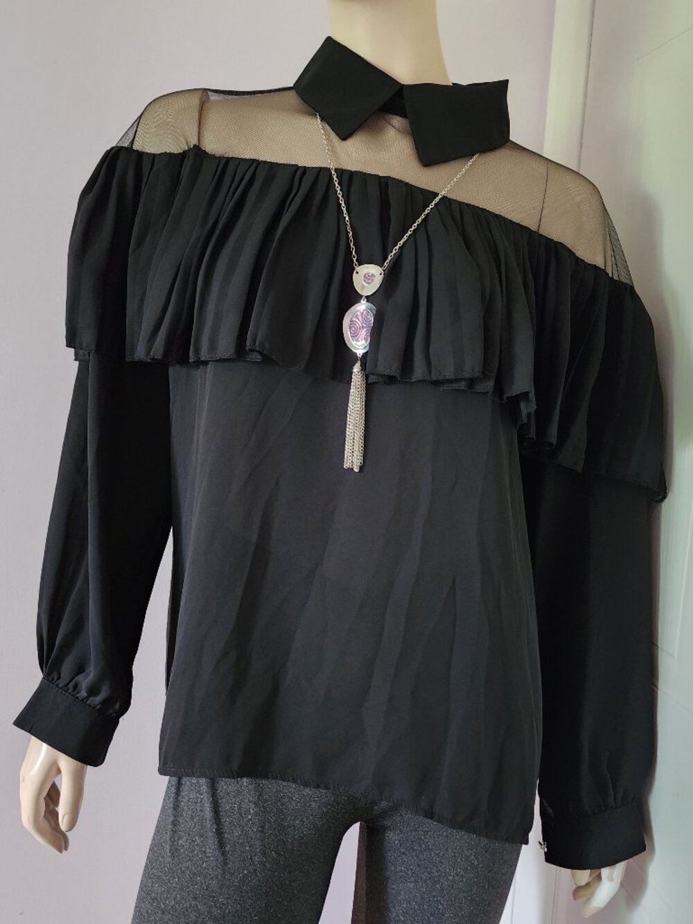 Elegant Black Sheer-Yoke Ruffle Blouse